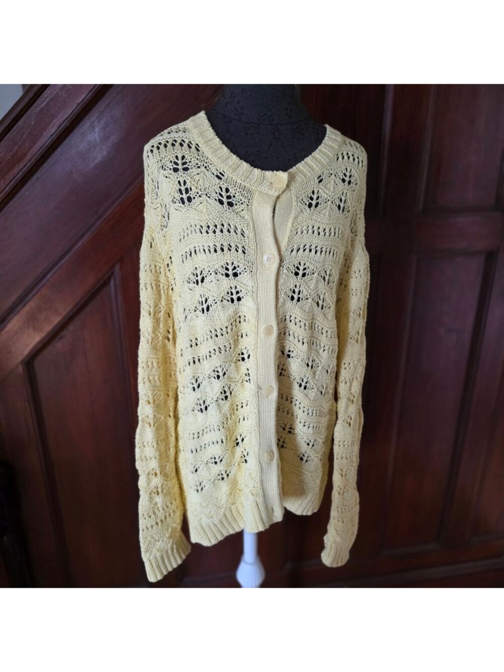 Talbots Womens Plus Size 2X Yellow Open Knit Cardigan Sweater Button Front